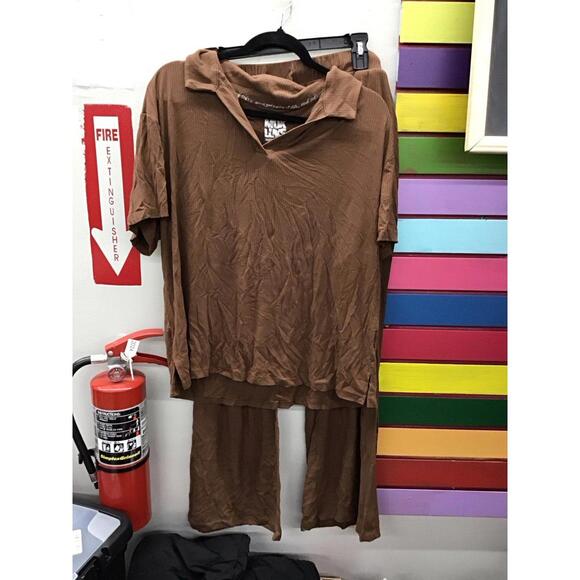 Muk Luks Other - Muk luks rib knit short sleeve collared lounge set X-Large brown new qvc